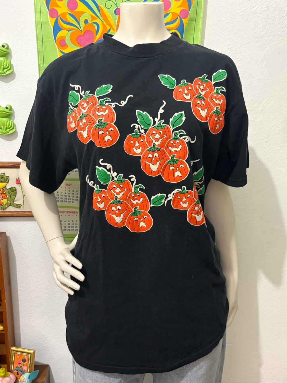 Tultex Halloween Black Cotton Short Sleeve Tee with Orange Puffy Paint Pumpkin